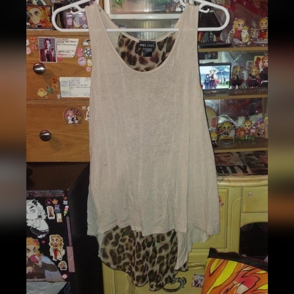 Wetseal semi sheer leopard print back panel fishtail tank top